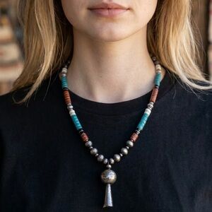 Native American Style Sterling Silver Navajo Pearls Squash Blossom Necklace